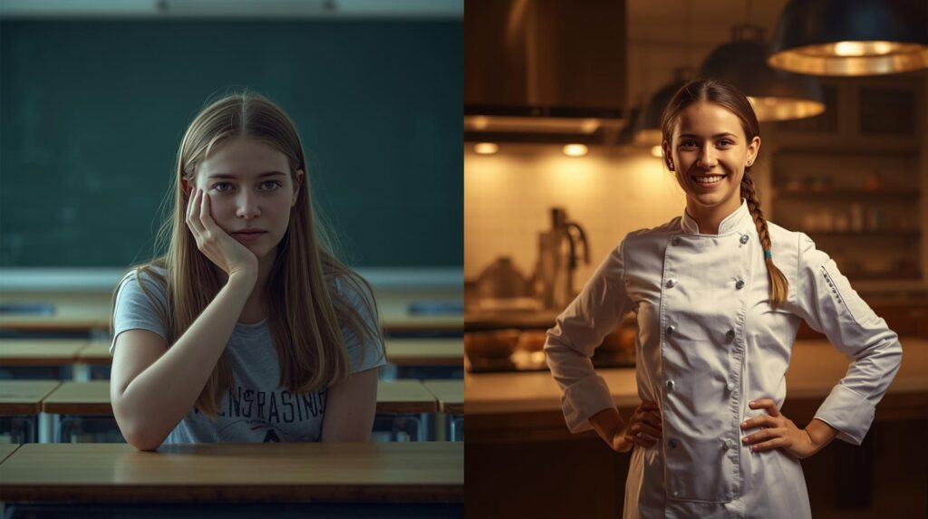 teenage girl discovering passion for cooking during school workshop before and after concept left side bored student in classroom right side smiling in kitchen as chef realistic warm light inspirational | Úvod
